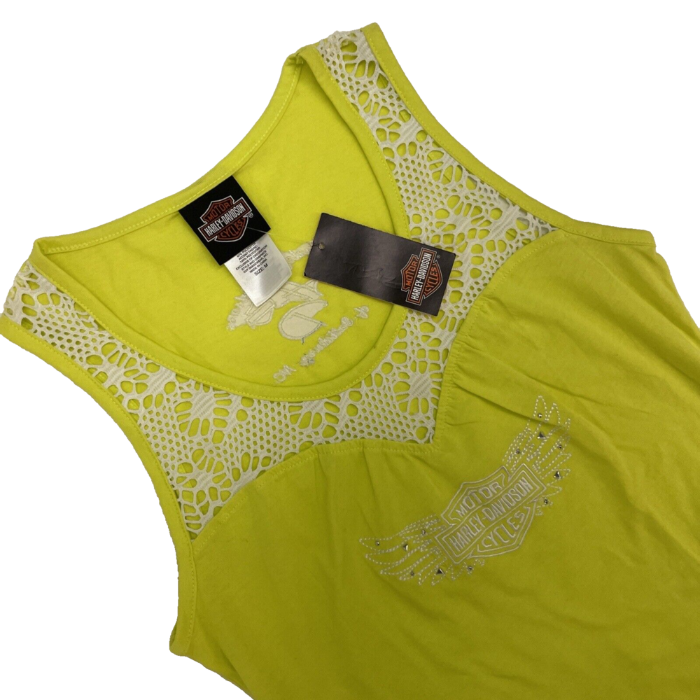 Harley Davidson Decorative Mesh Tank Women M Yellow Motorcycles Limeade NWT $45